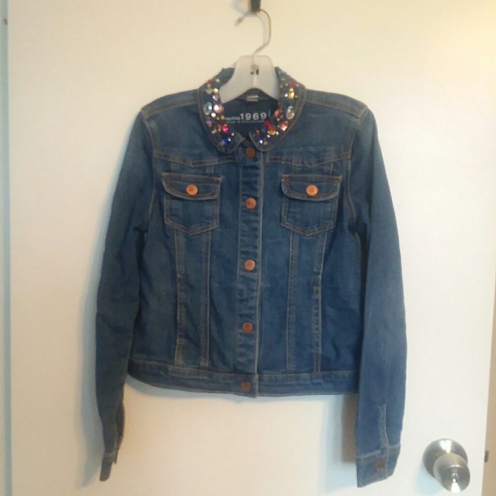 Gap Kids Girls Jean Jacket With Rhinestone Collar